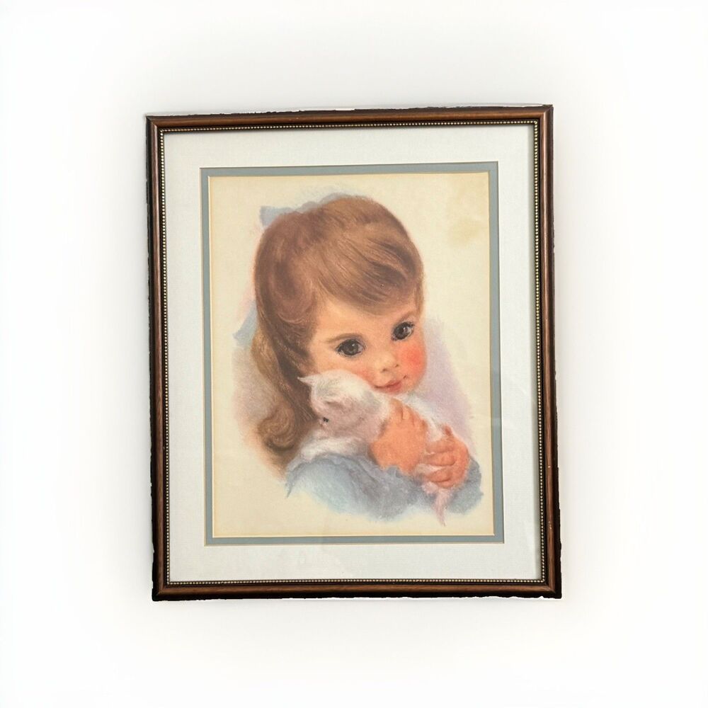 VNTG 1960’s Frances Hook Northern Tissue Winter Girl w/kitten 15x18 Framed Print